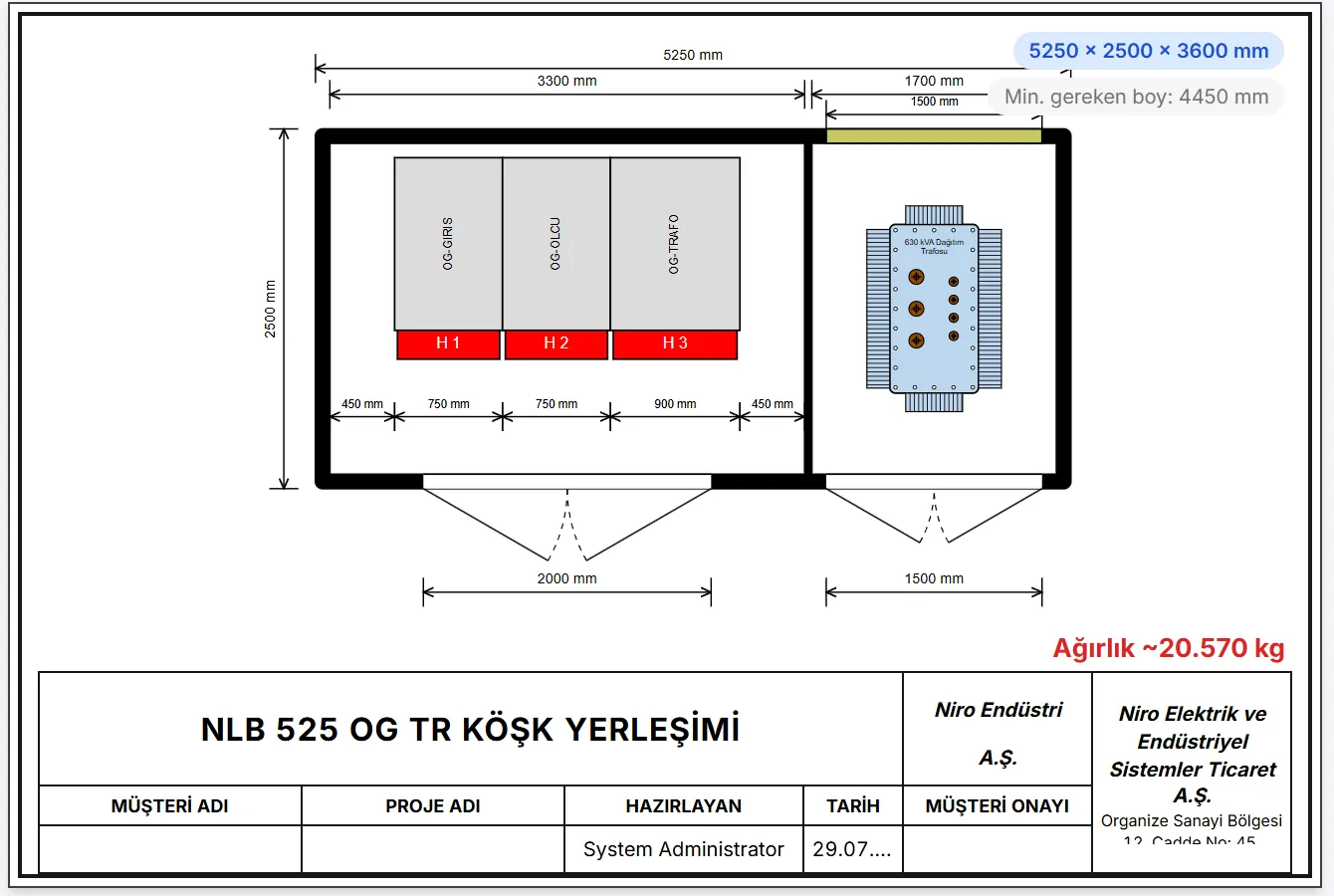 Niro ERP köşk konfigüratörünün ürettiği ölçülendirilmiş yerleşim çizimi — üç OG hücresi, 630 kVA trafo bölmesi, kapı açıklıkları ve hesaplanmış toplam ağırlık